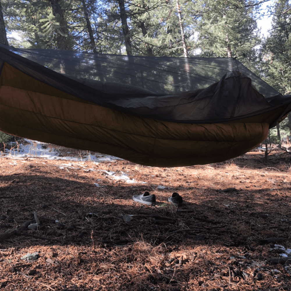 full length lynx underquilt attached to a ridgerunner hammock