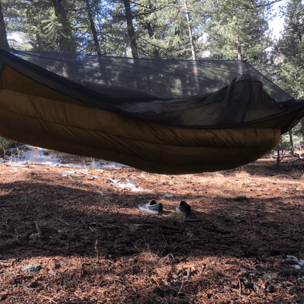 full length lynx underquilt attached to a ridgerunner hammock