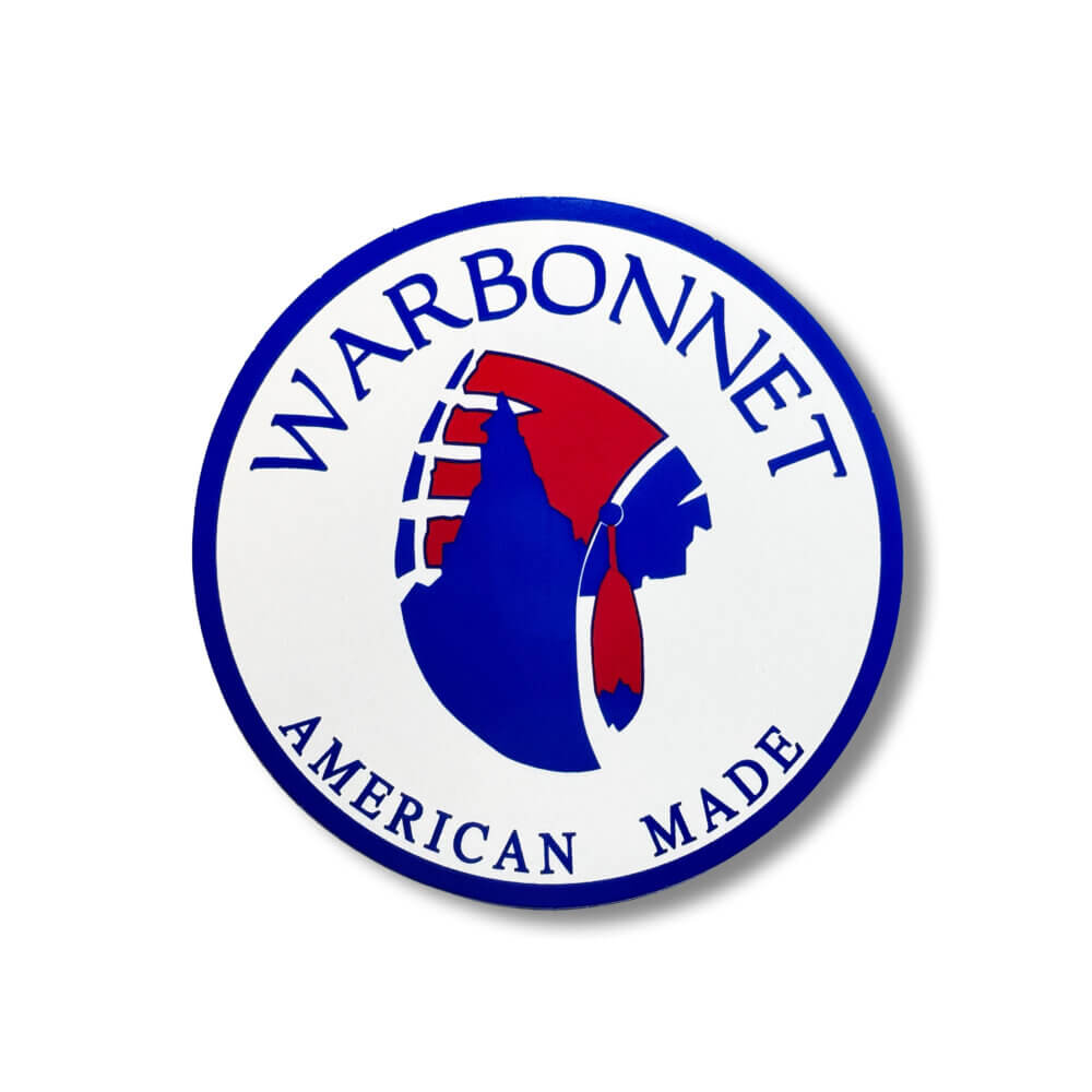 red, white and blue warbonnet sticker on white background