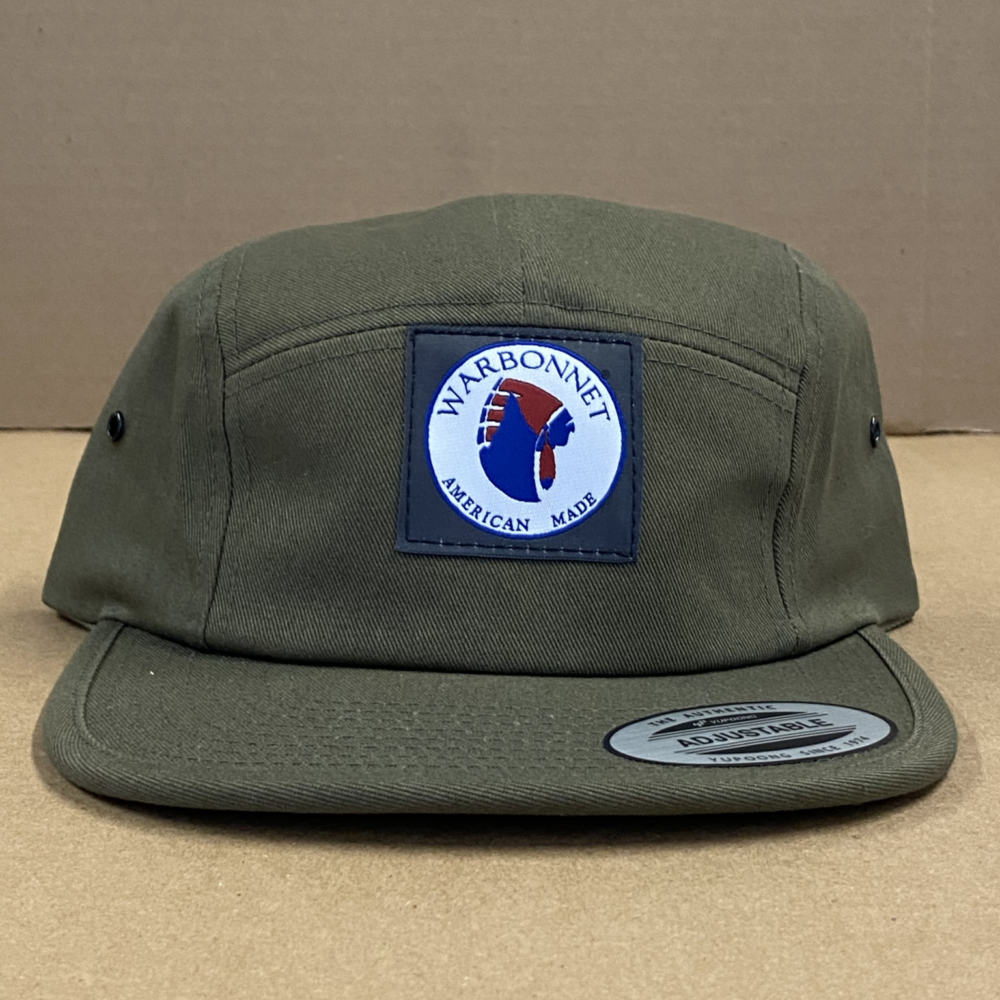 Front View of Green 5 Panel Hat with Warbonnet Logo Patch