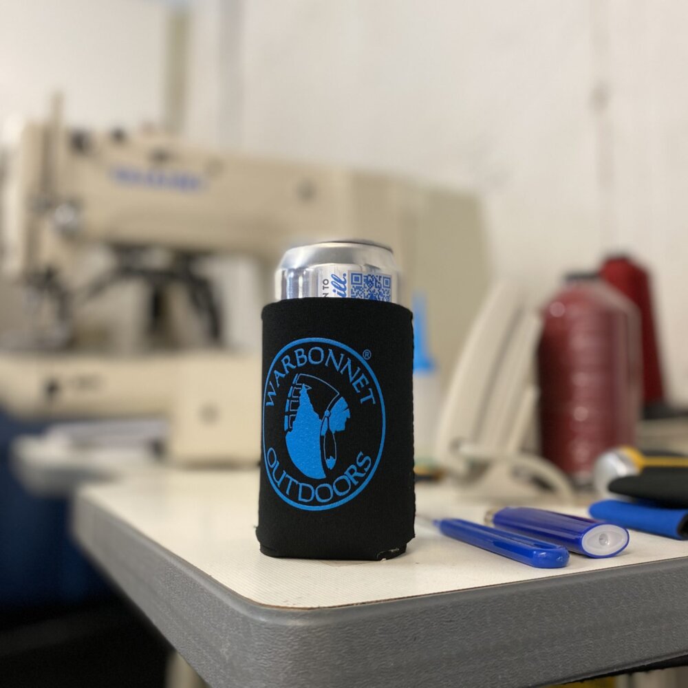 black koozie with blue warbonnet logo