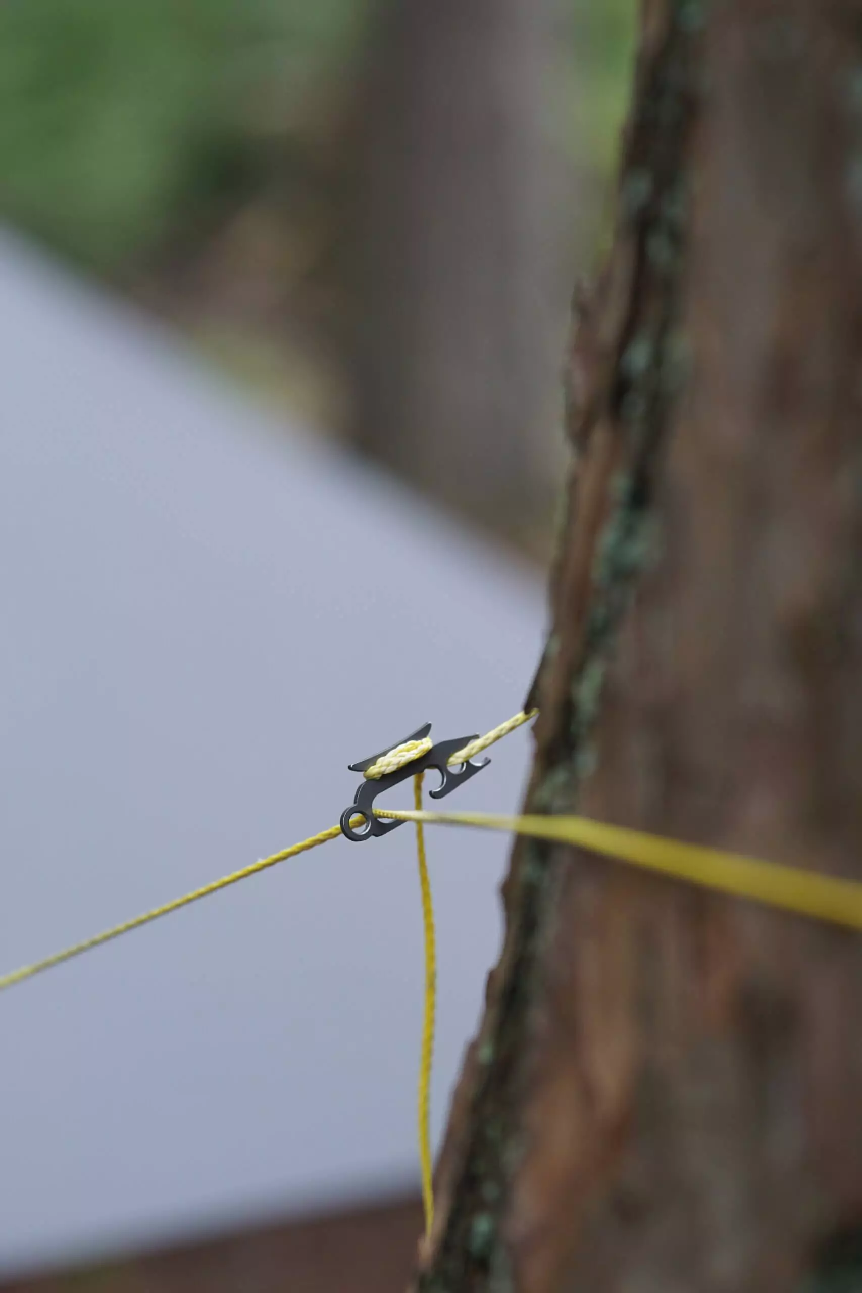 Close-up of metal tarp tick hardware holding a yellow guyline